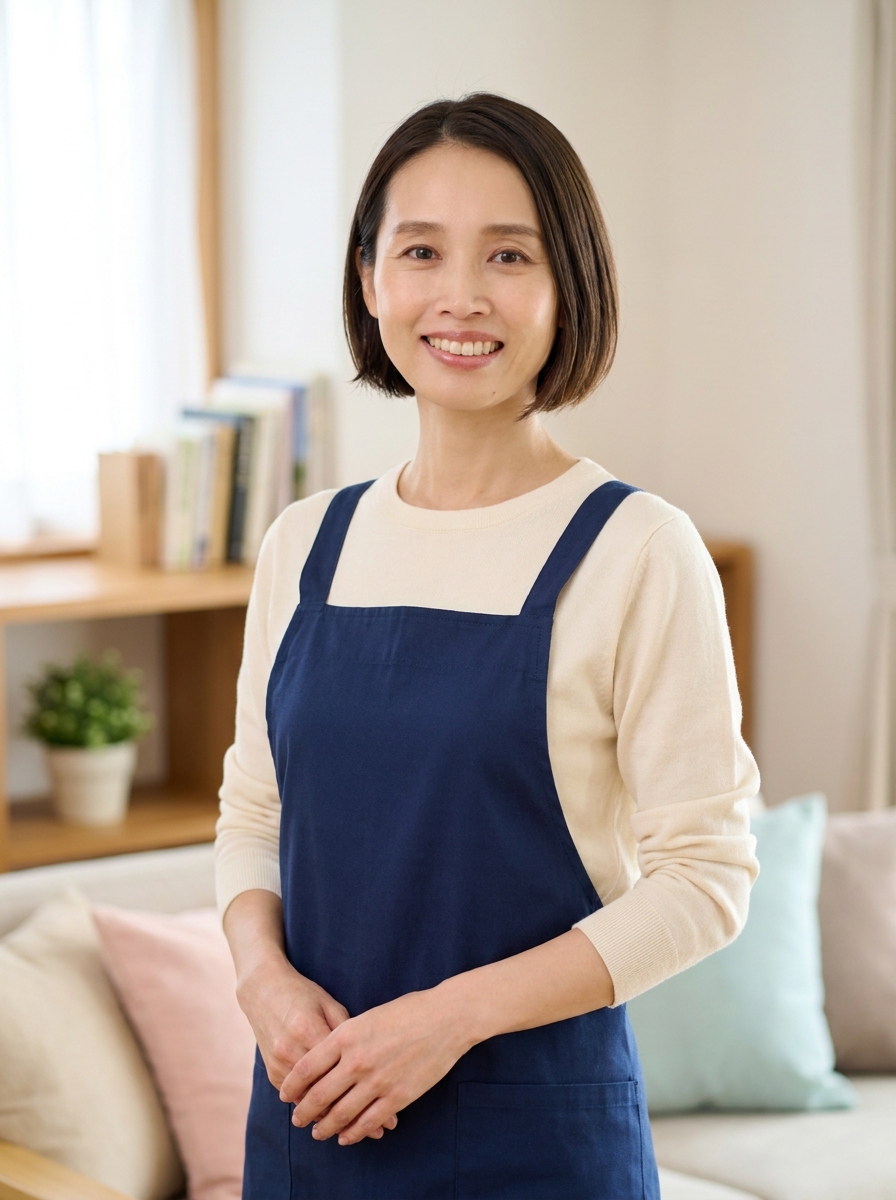 紺色のエプロンを着てやわらかな自然光の中でほほえむスタッフ 光代