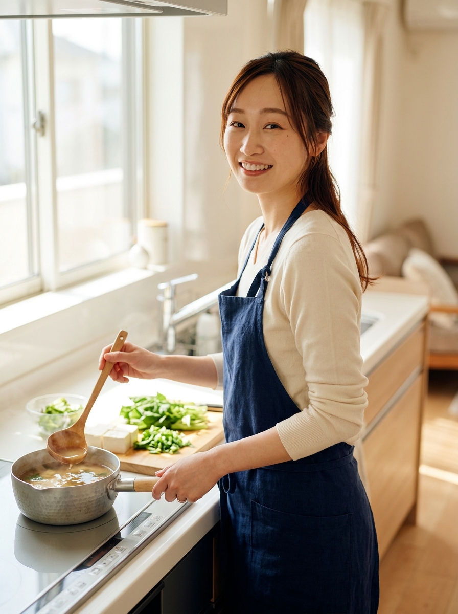 紺色のエプロン姿でキッチンに立ち、鍋の料理をつくりながらほほえむ産後ドゥーラ 熊倉聡子