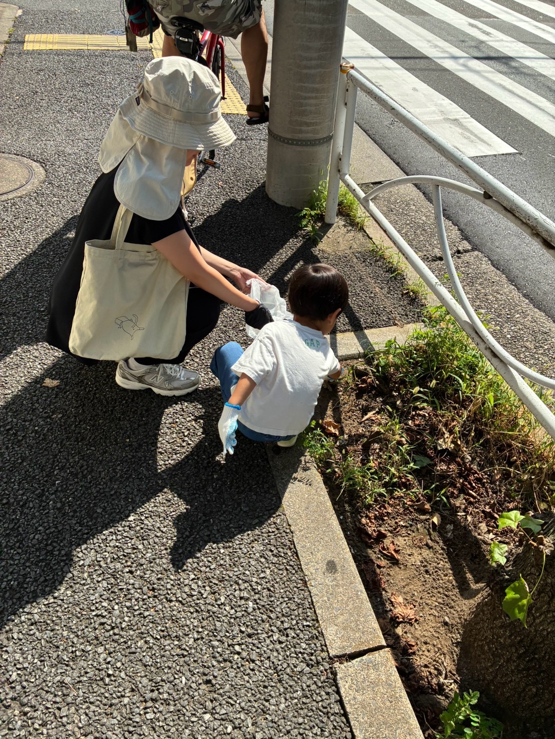 大人と子どもが一緒に歩道脇でゴミを拾っている様子